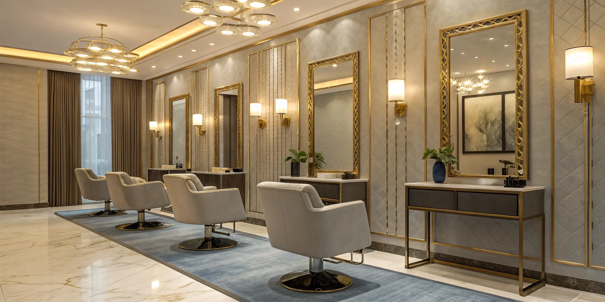 Salon suite interior with modern chairs, mirrors, and lighting.