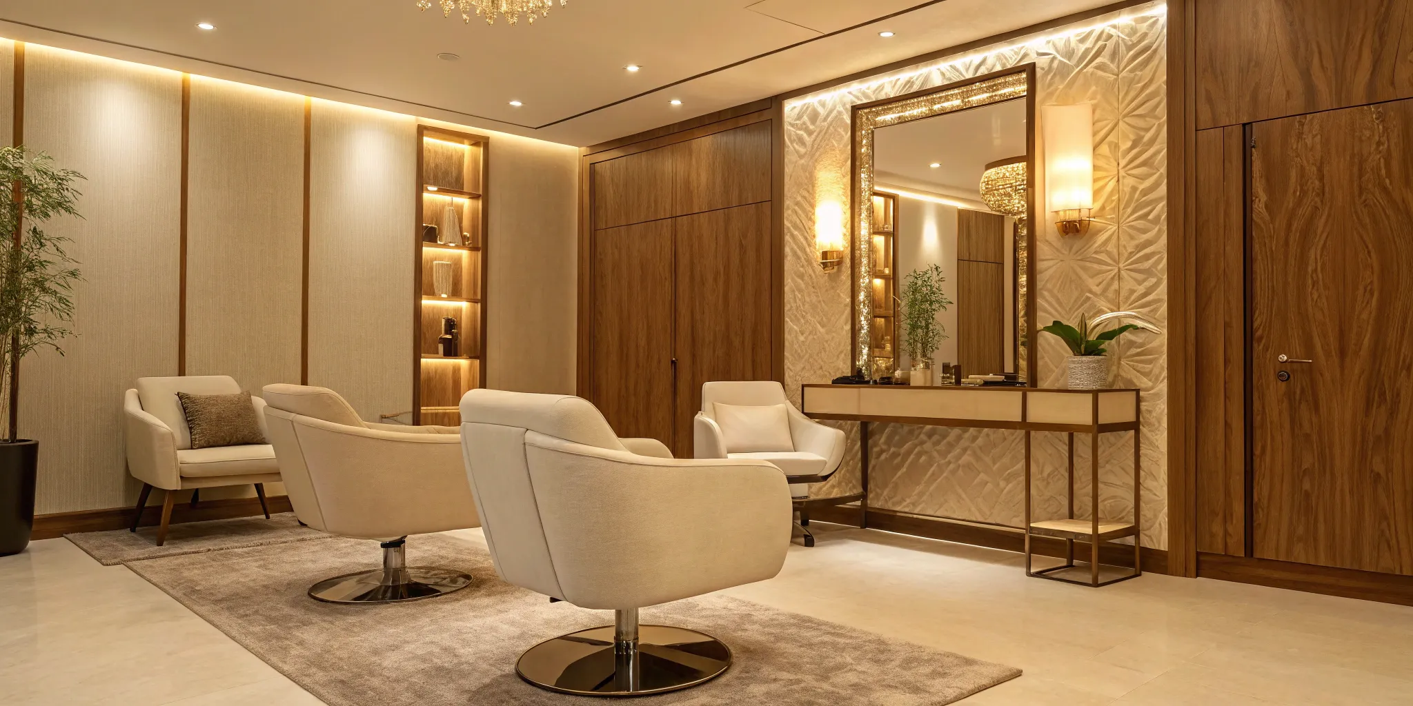 Salon suite build-out: stylish chairs, wood accents, and elegant lighting.