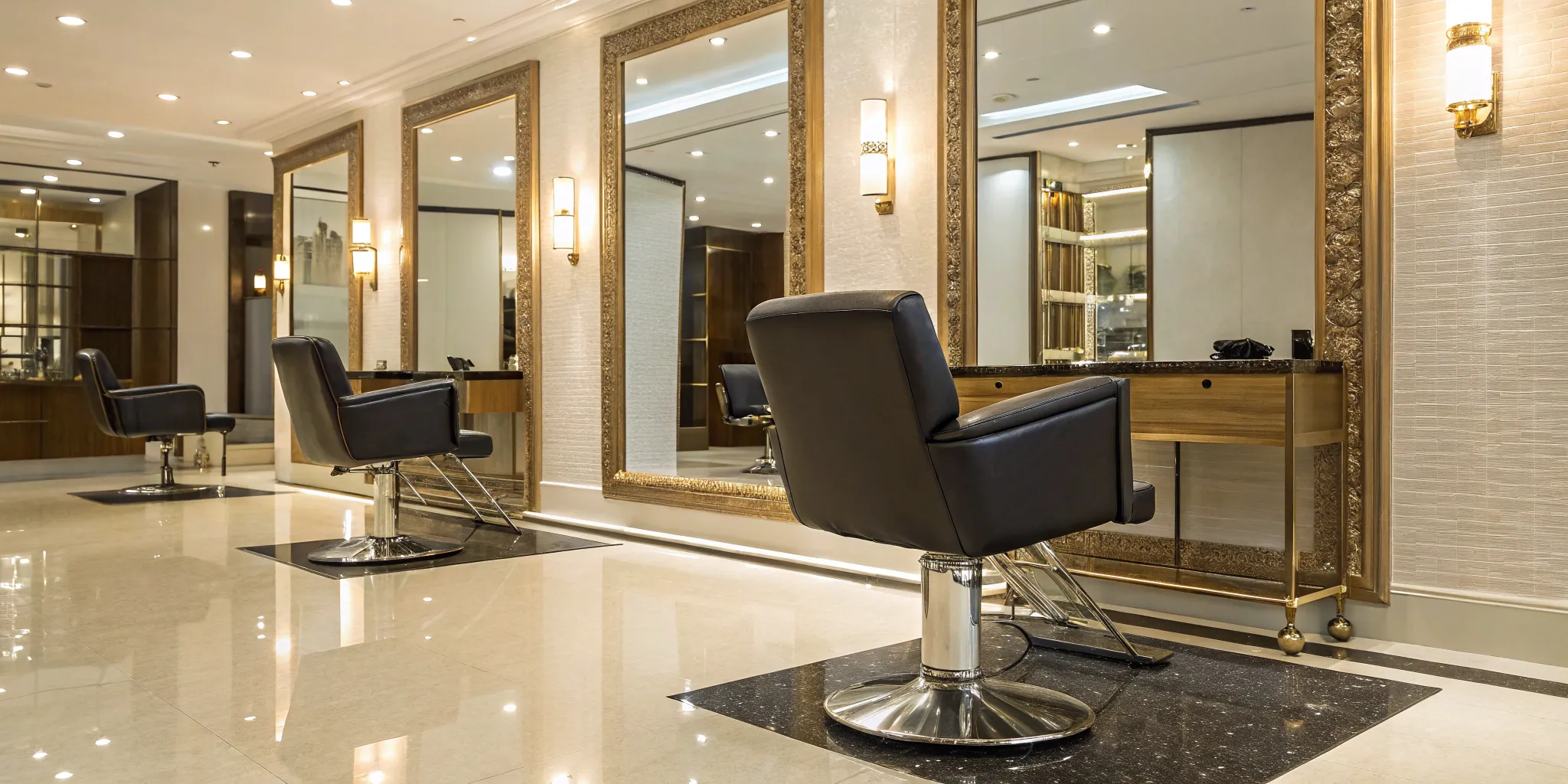 Stylish salon interior with chairs, mirrors, and lighting.