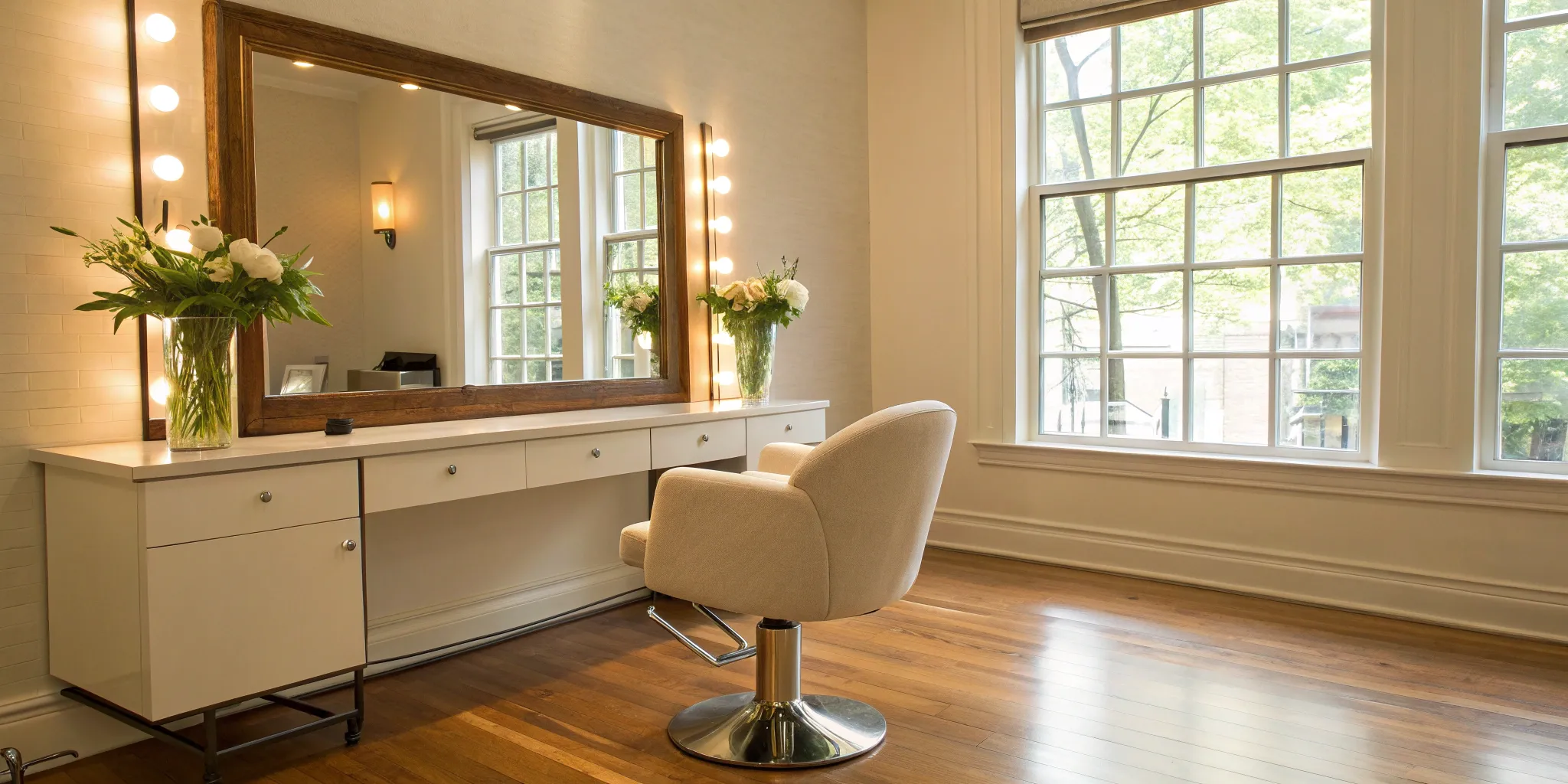 Bright, modern beauty salon interior with styling chair and large mirror.