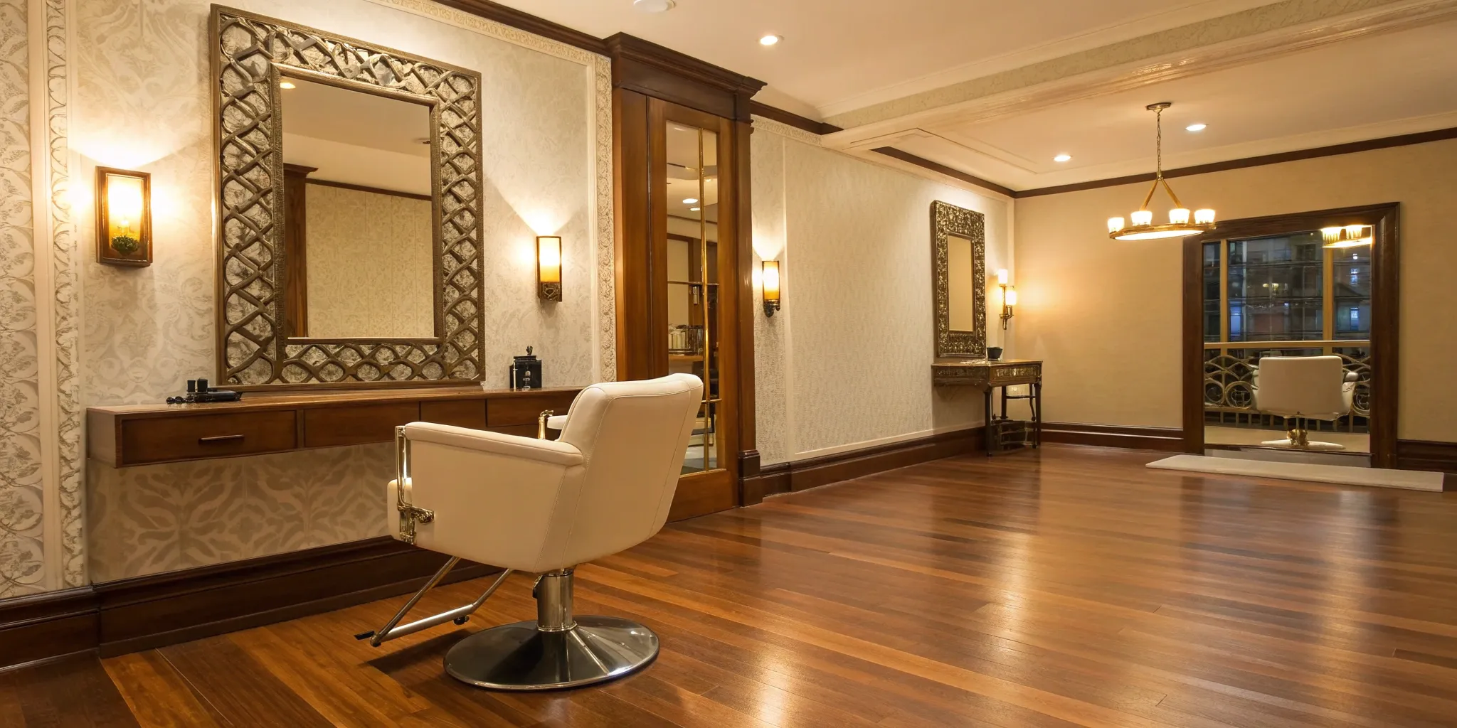 Salon styling station with mirror and wood floors.