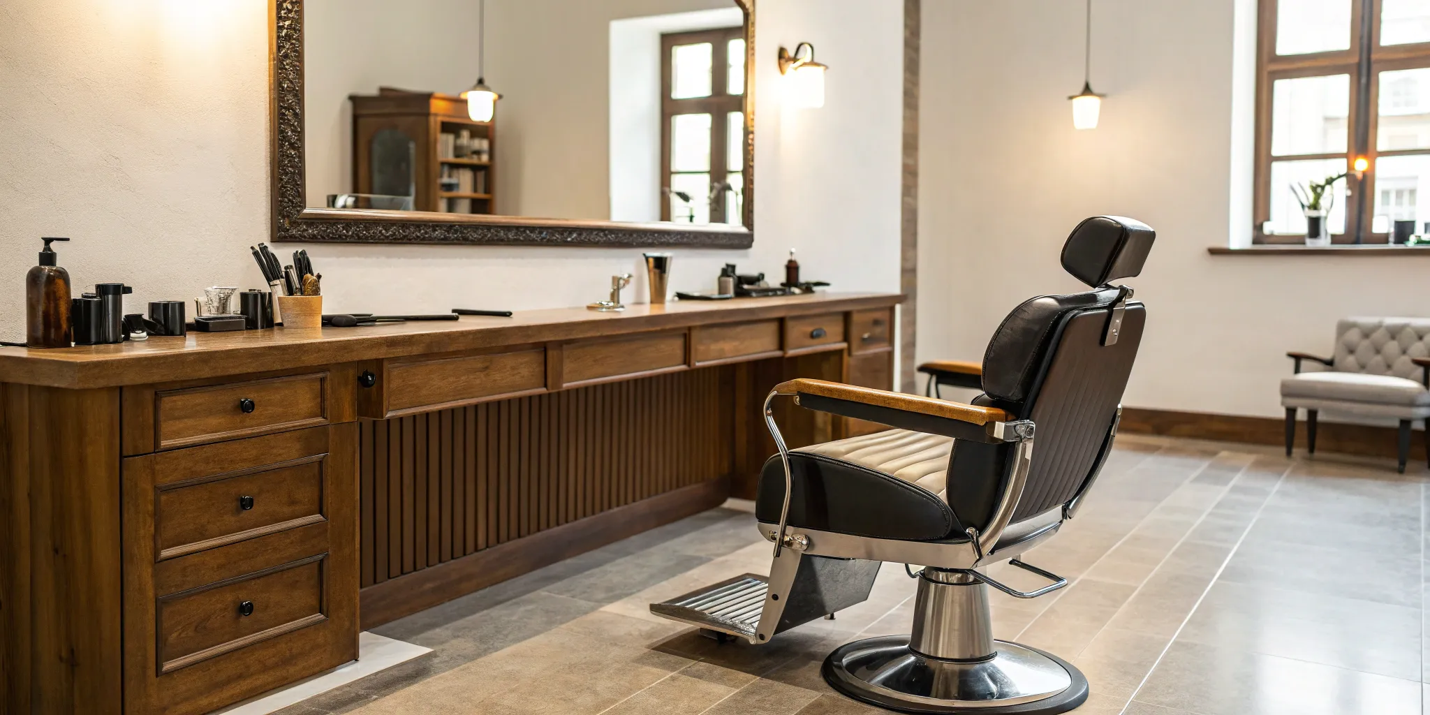 Barber studio for rent with chair, mirror, and workstation.