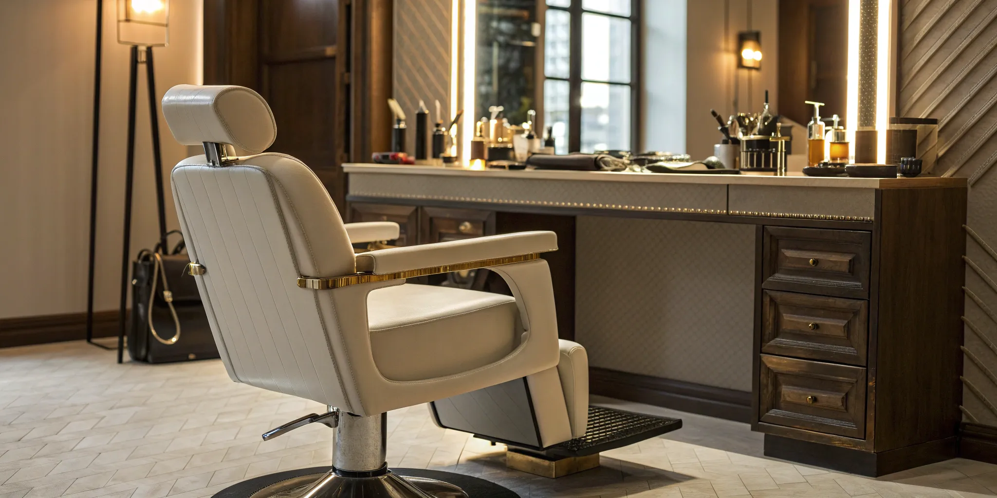 Salon styling station with professional equipment.