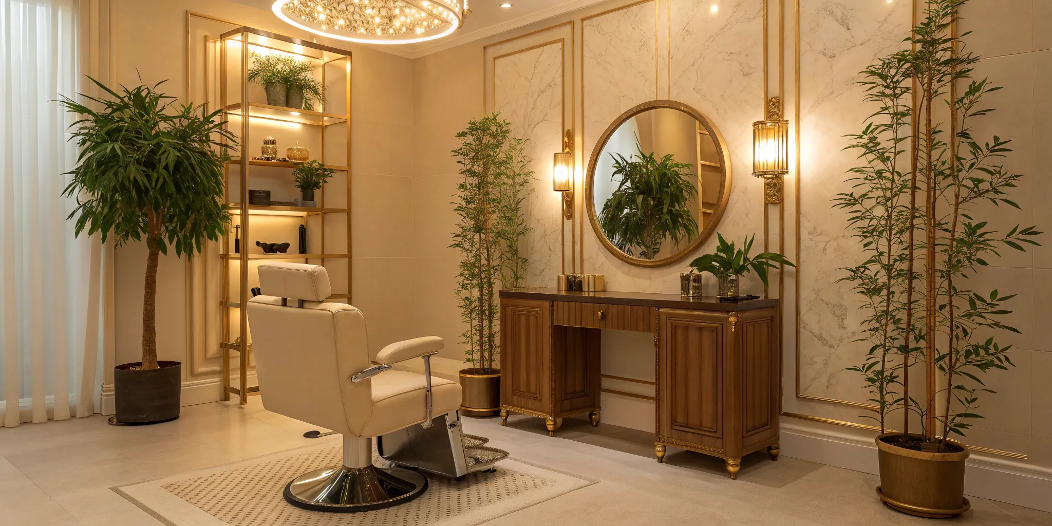 Modern salon franchise opportunity with styling chair and vanity.