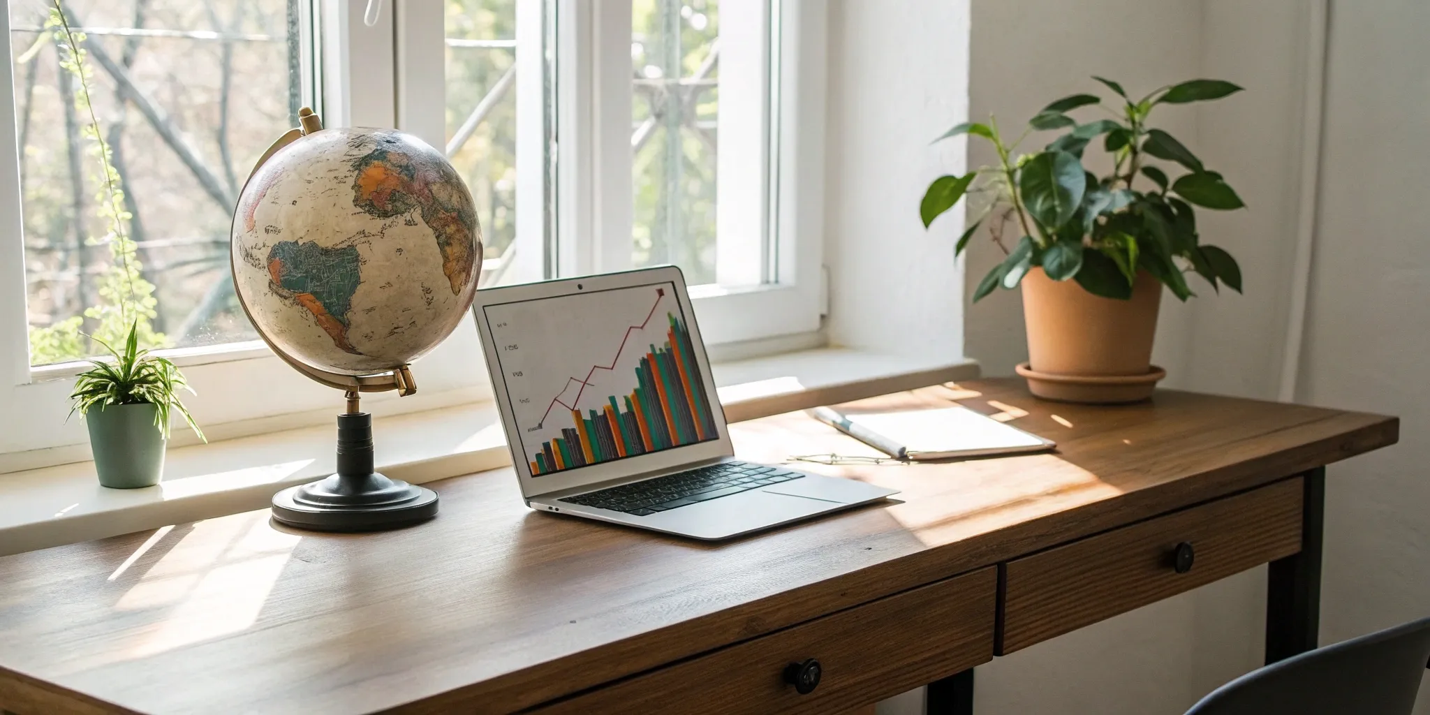 Turnkey franchise opportunity, laptop displaying growth chart, globe, and office plants.