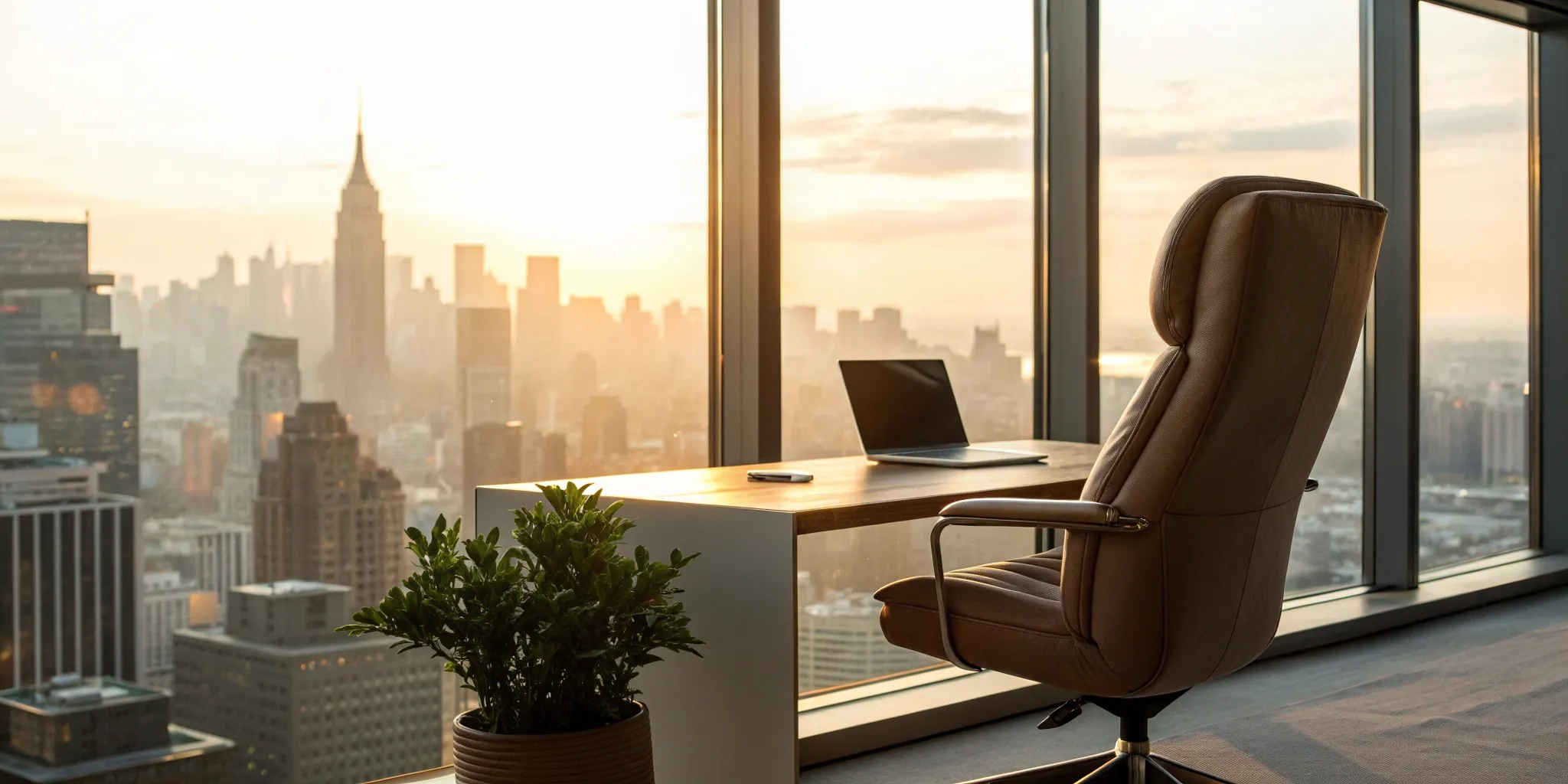 Profitable business laptop in modern office with city view.