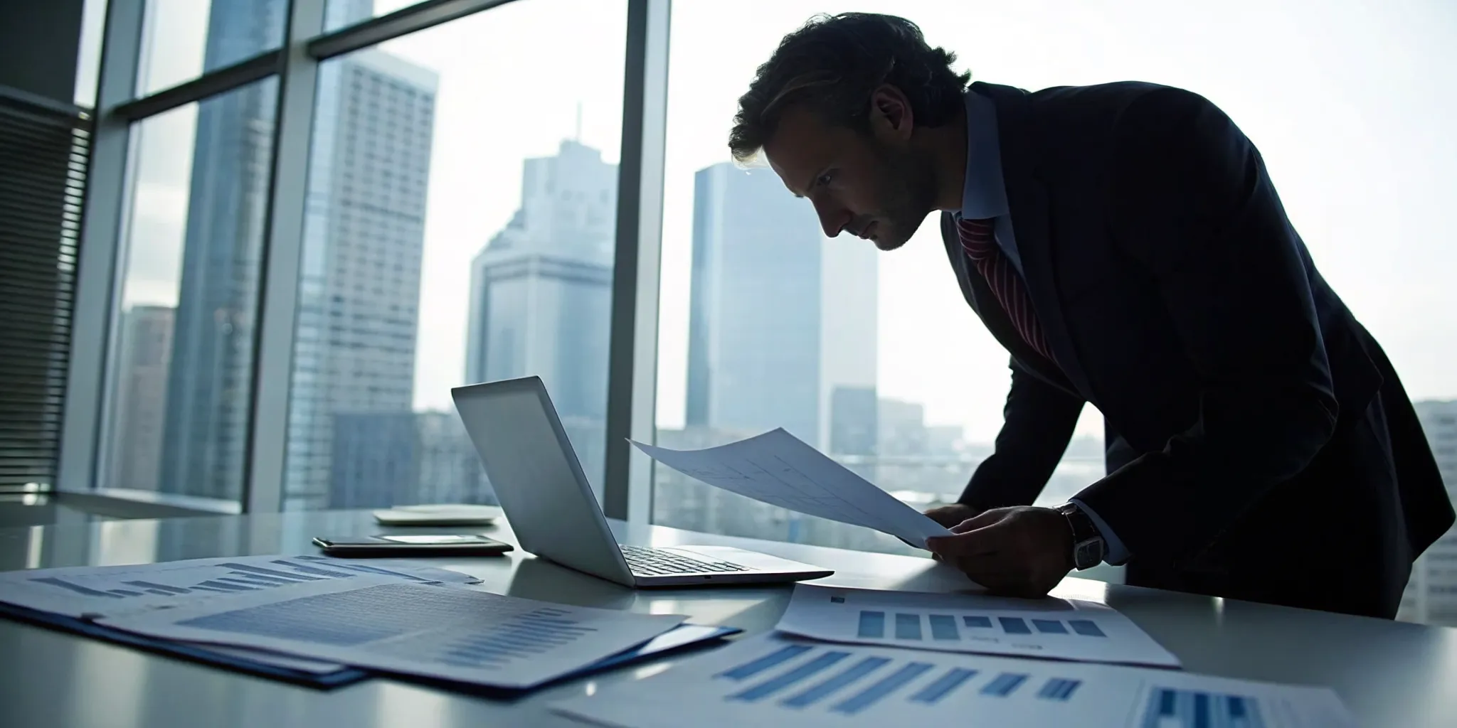 Investor vetting local investment opportunities on a laptop overlooking the city.