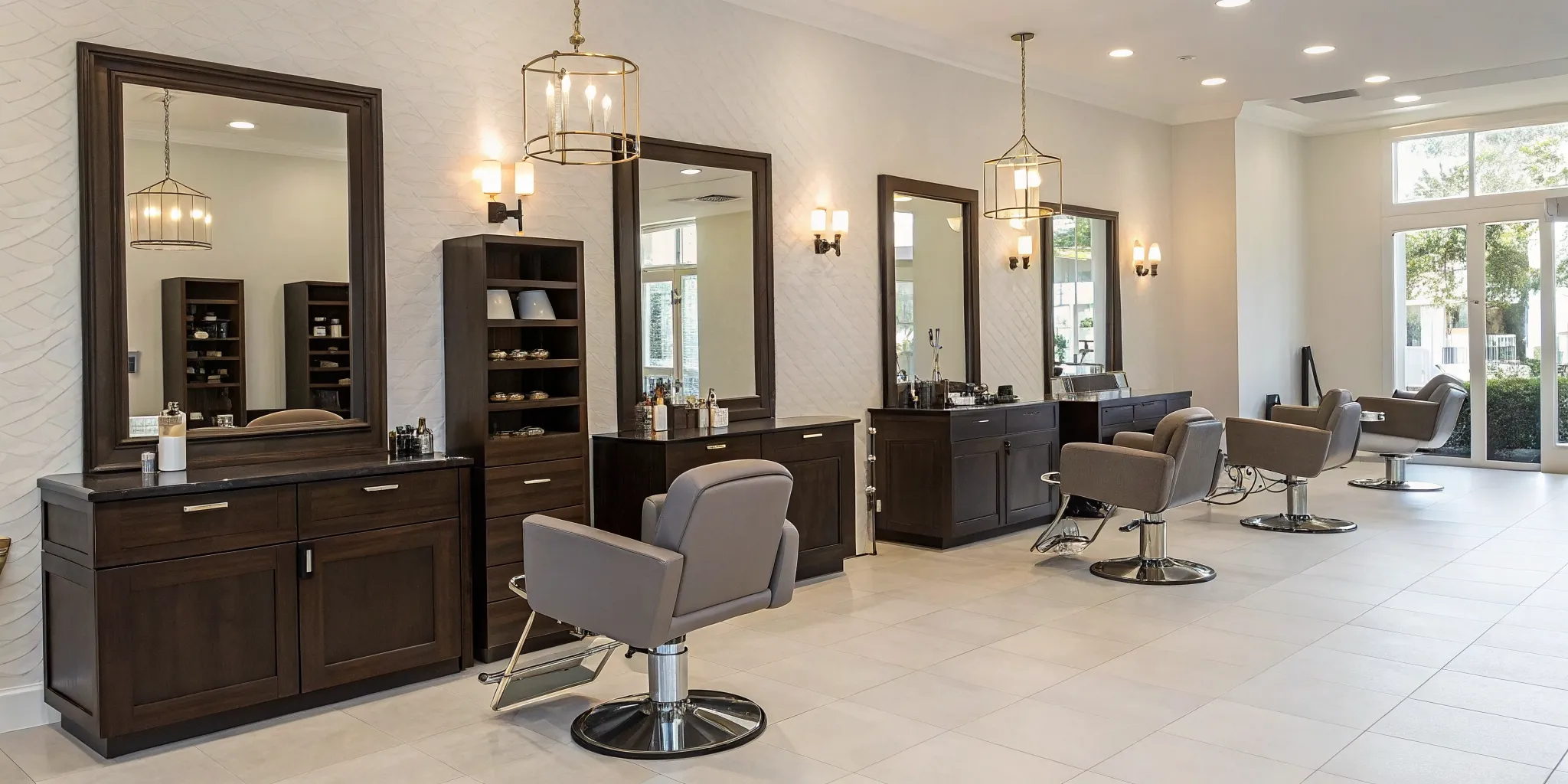 Interior of a top salon suite franchise in California with modern styling chairs and mirrors.