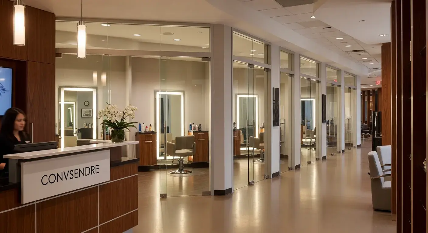 Modern luxury salon suite franchise interior showing private suites and concierge area