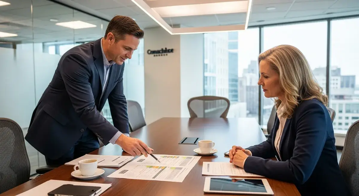 Franchise consultant and investor discussing agreement terms in a modern office