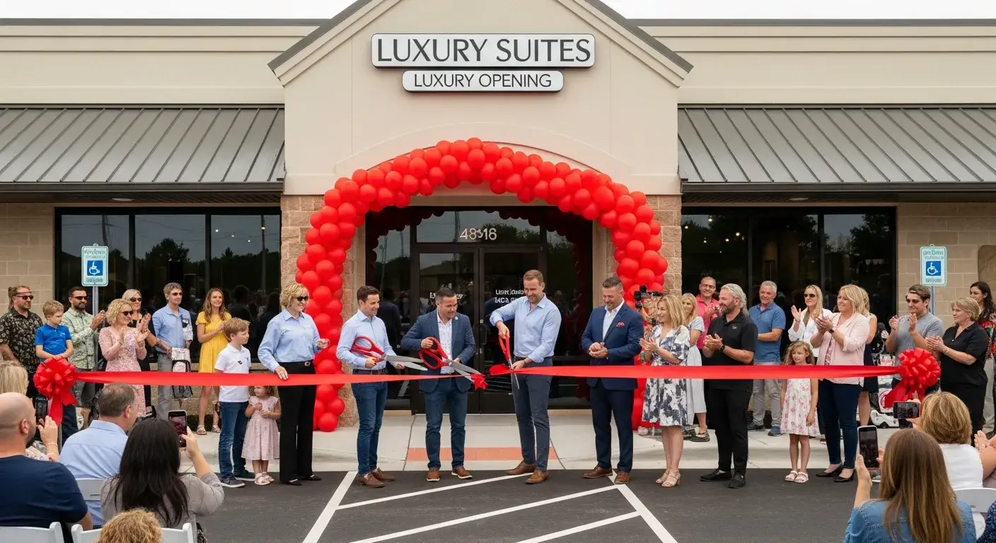 Franchise grand opening event with ribbon cutting ceremony at a luxury salon suite location