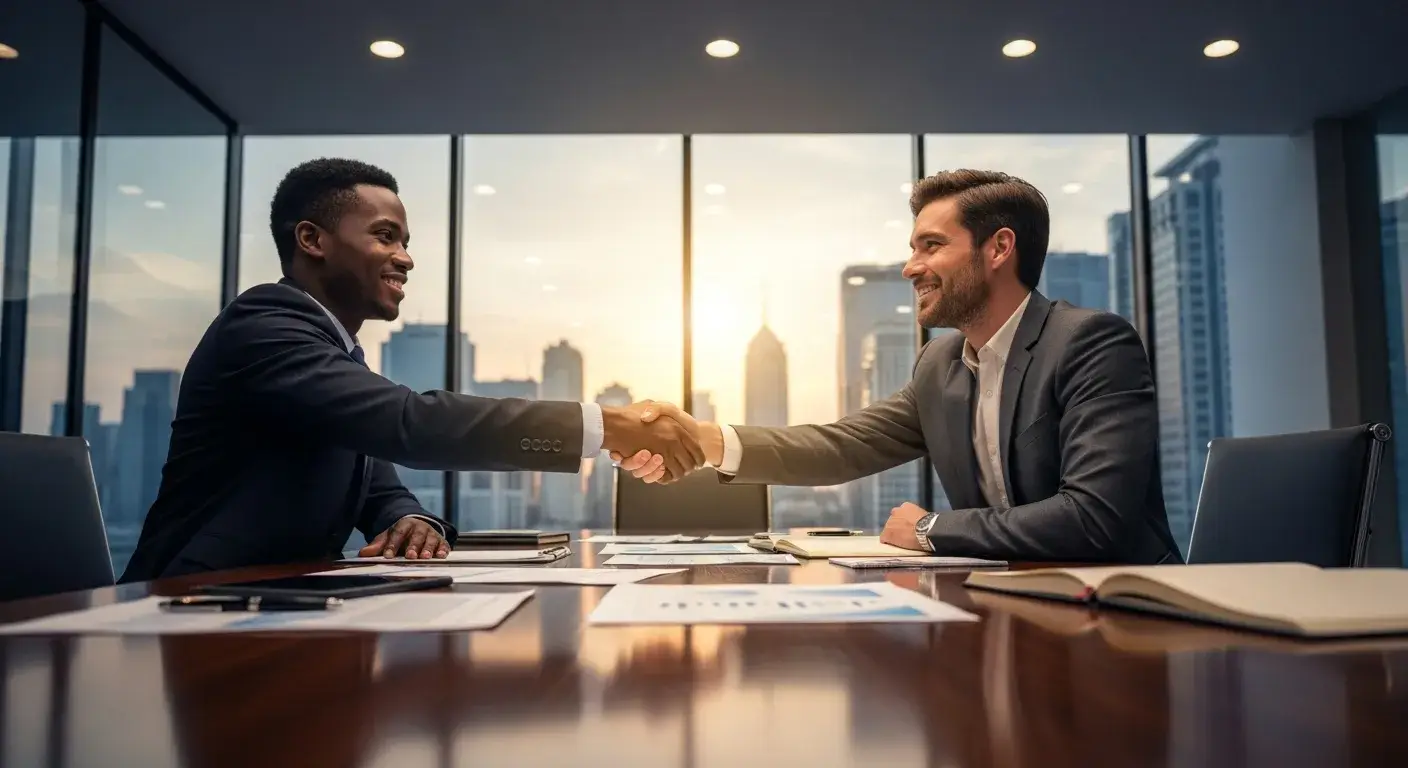 Business professionals shaking hands at a franchise agreement signing meeting