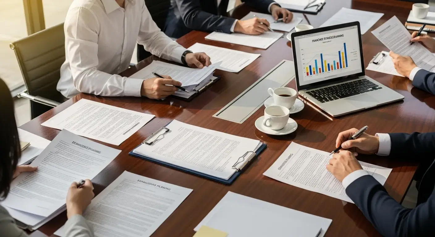 Franchise business planning documents on conference table
