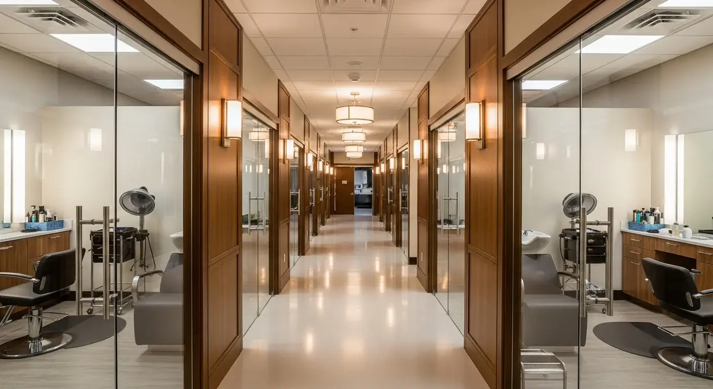 Luxury salon suite franchise location showing private suites for independent beauty professionals