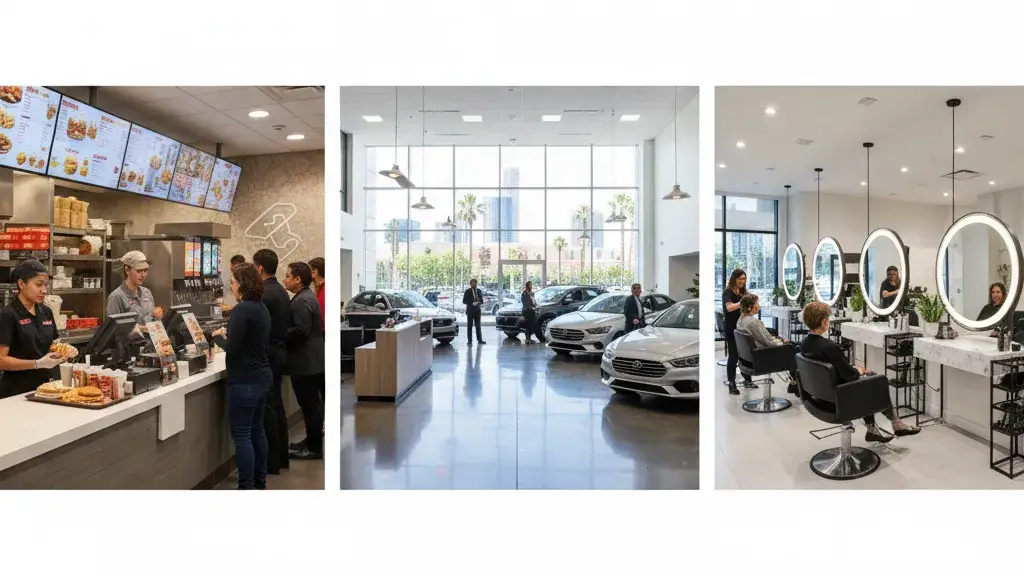 Three types of franchise businesses: fast food restaurant, auto dealership, and luxury salon suite