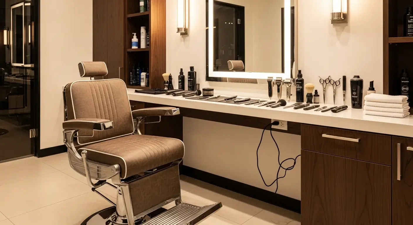 Oregon barber studio rental setup with organized tools and private suite workspace