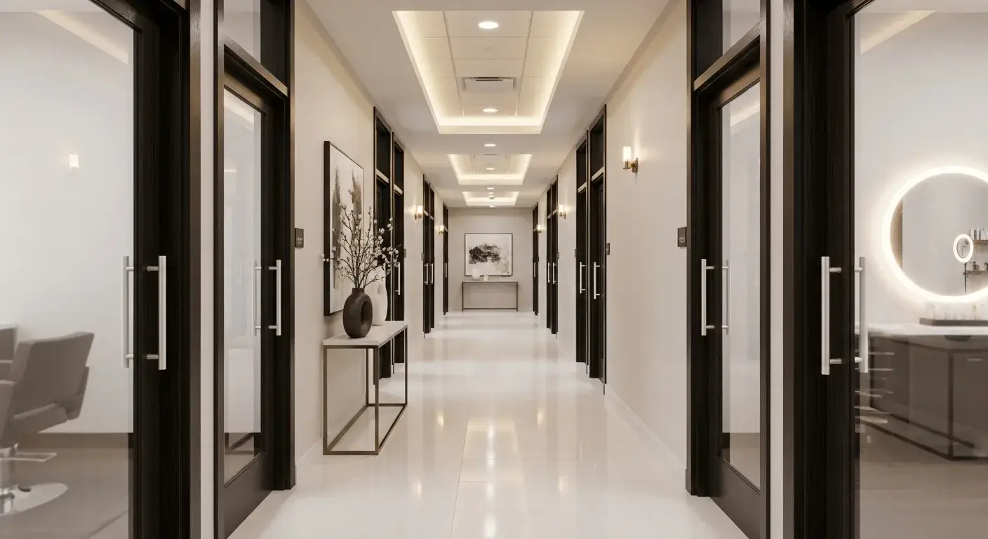 Luxury salon suite location with private barber studios for independent professionals