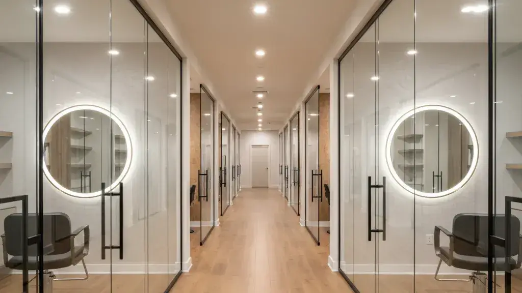 Modern luxury salon suite franchise interior with individual suites and warm lighting