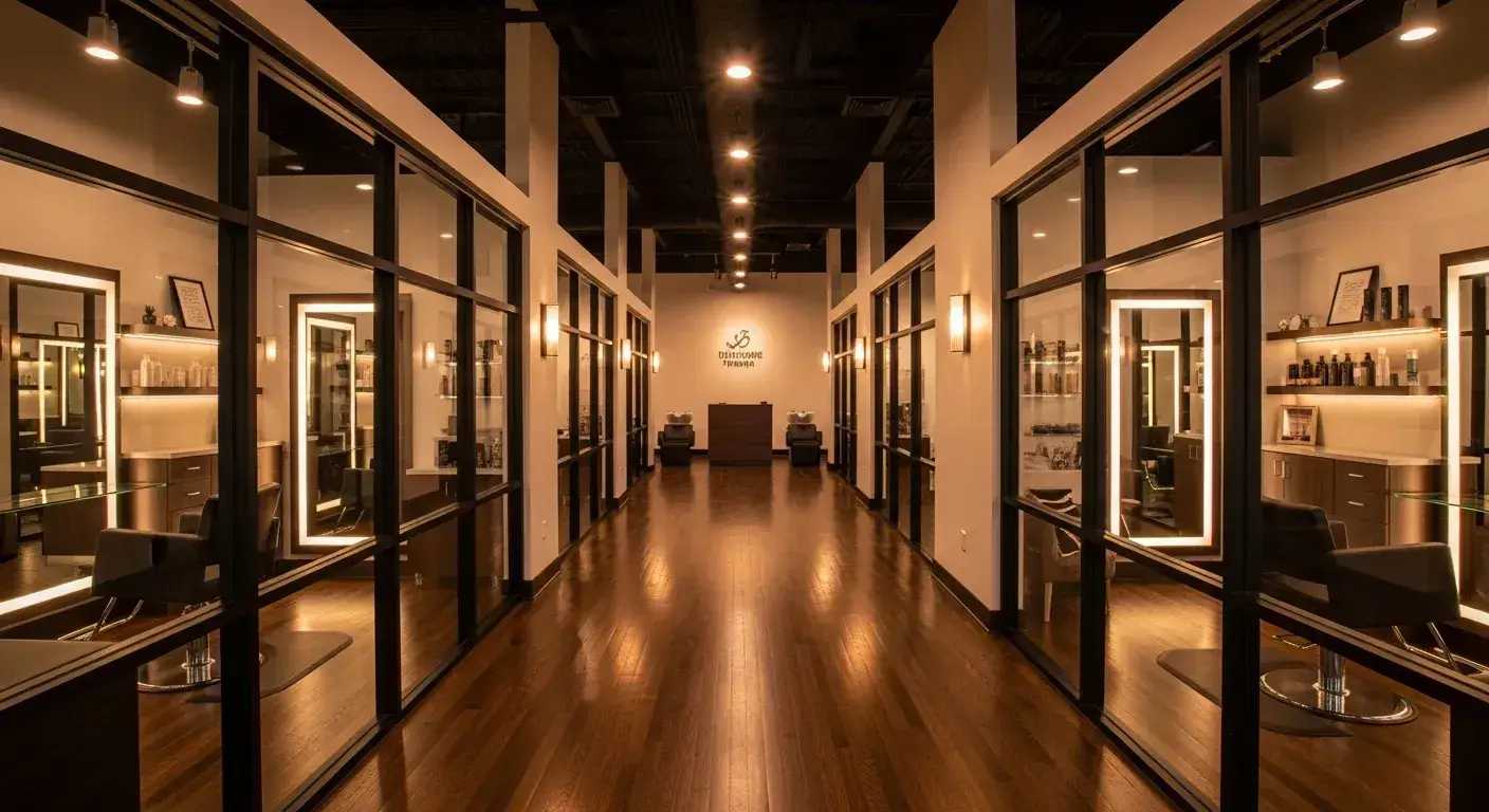 Modern upscale salon suite franchise interior with premium furnishings and natural lighting representing long-term franchise equity