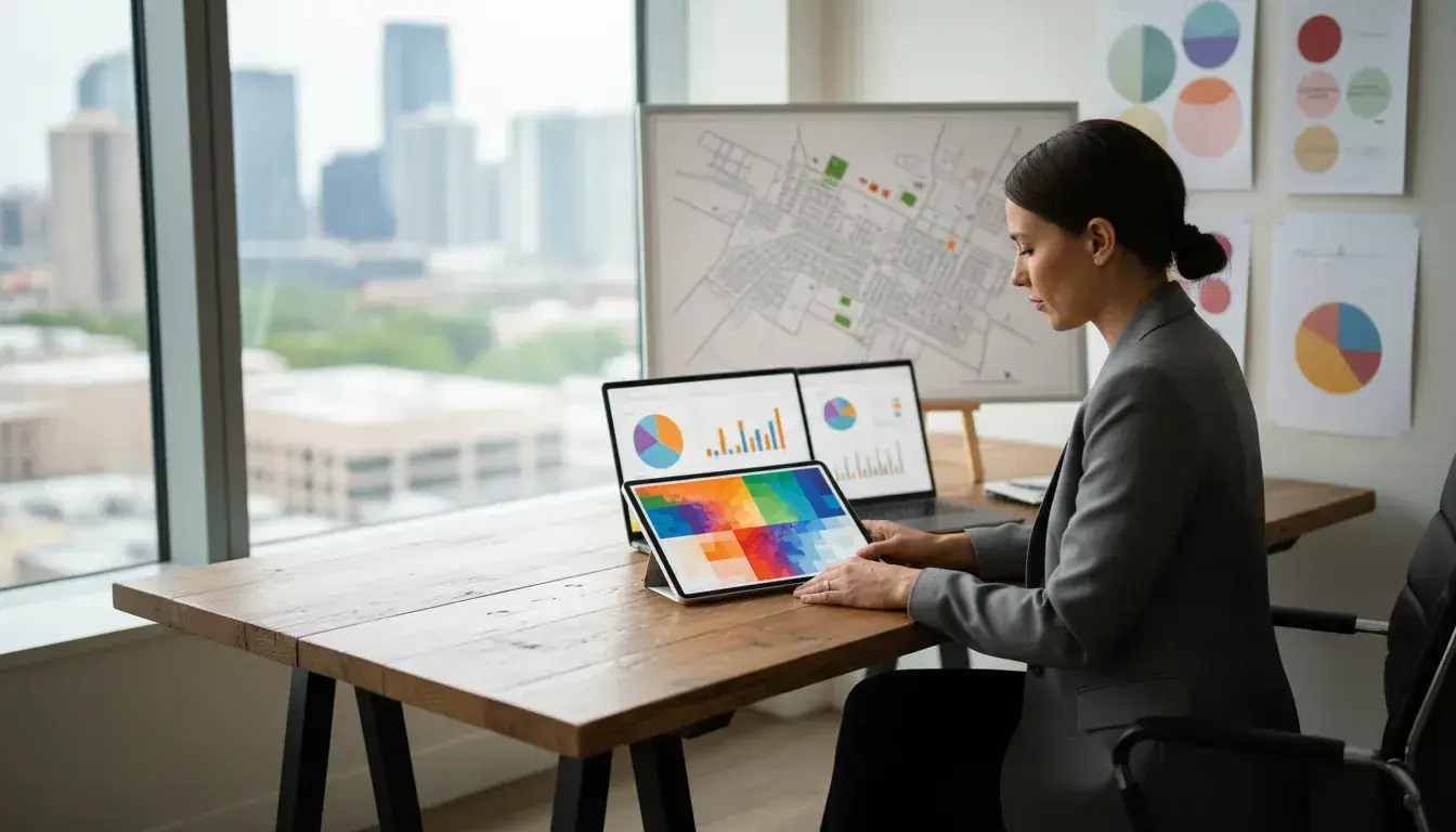 Investor reviewing salon suite franchise territory data in a modern office