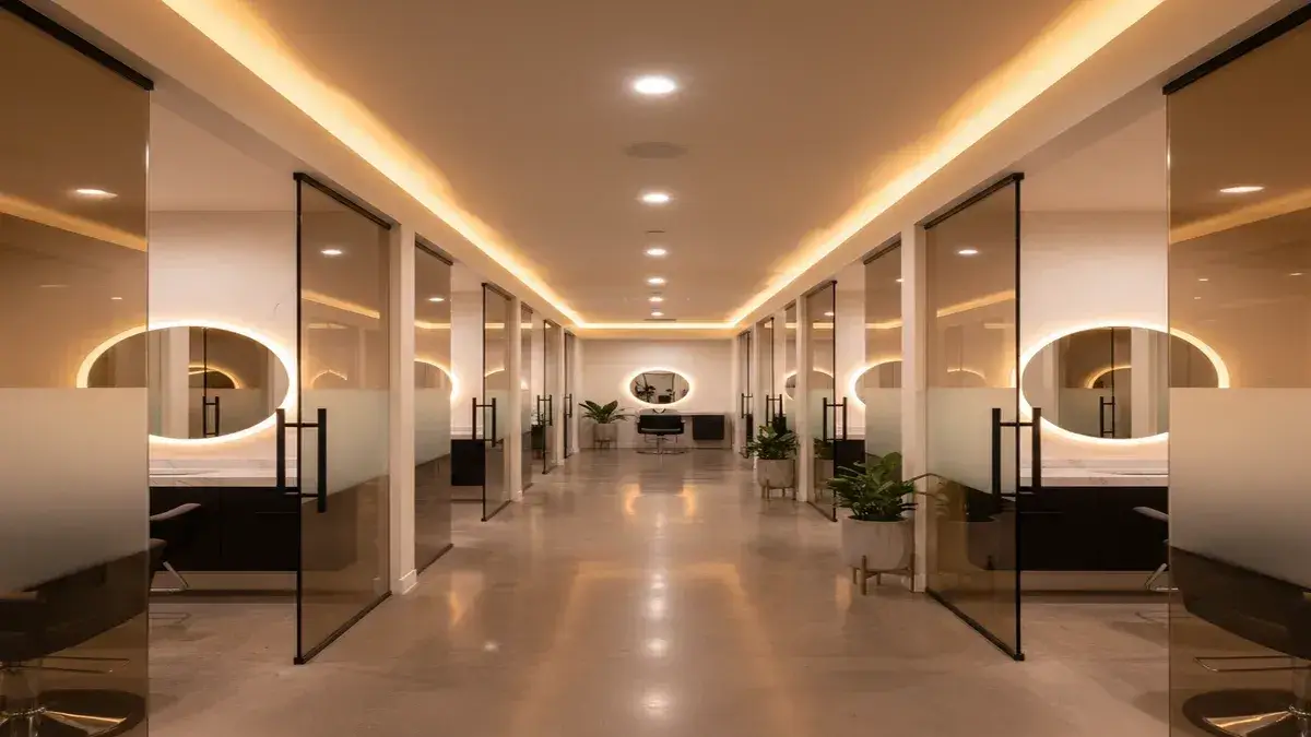 Modern upscale salon suite franchise interior with private suites and warm lighting